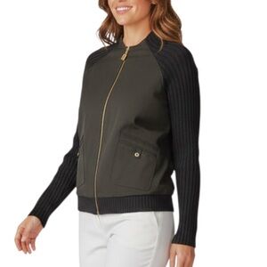 St John Sport by Marie Gray Wool-Blend Knit Sleeve Bomber Jacket Size L